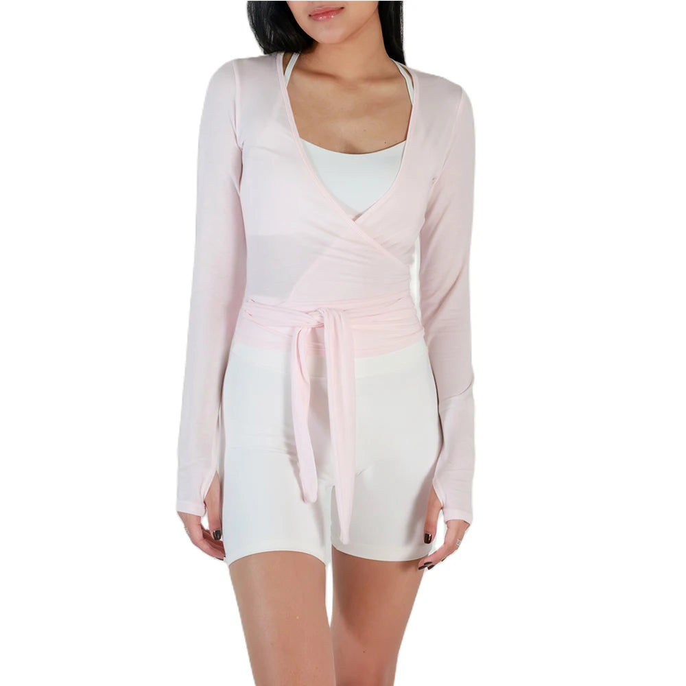 Women's Ballet Wrap Crop Top | Long Sleeve V-Neck Y2K Workout Tee with Thumb Holes