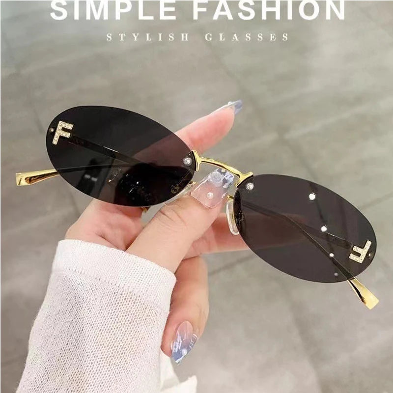 Diamond "F" Rimless Sunglasses – Luxury Oval Metal Frame UV400 Shades for Women